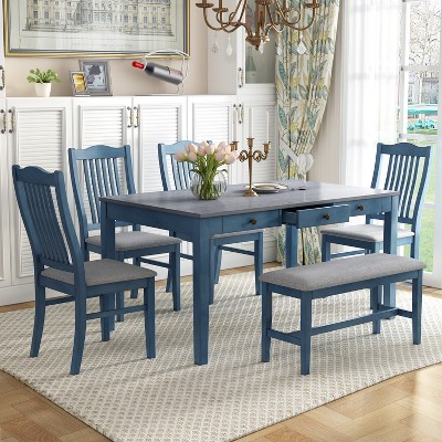Mid-century 6-piece Wooden Dining Table Set With Drawers, Upholstered ...