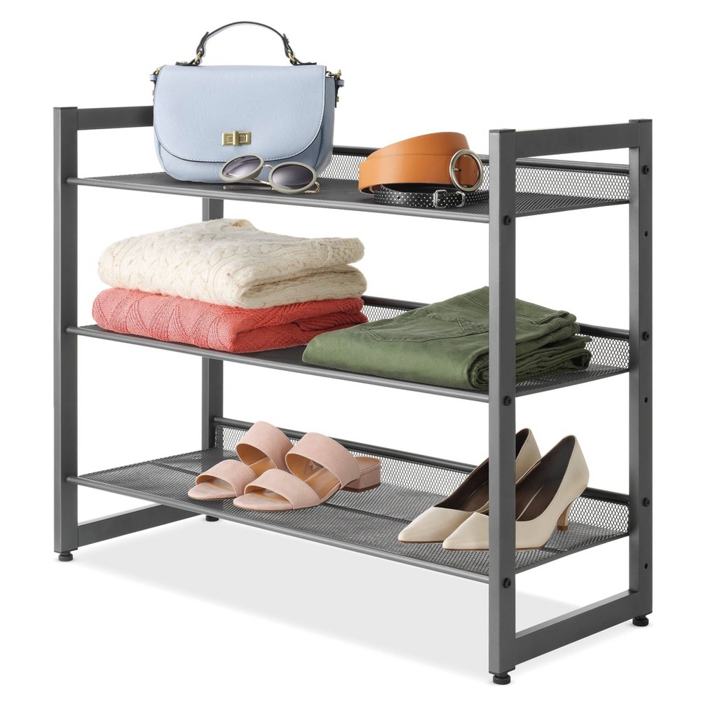 Whitmor 3 Tier Stacking Shelves Gunmetal: Freestanding Shoe Rack for Closet, Holds 12 Pairs, Silver, 29.375" Width