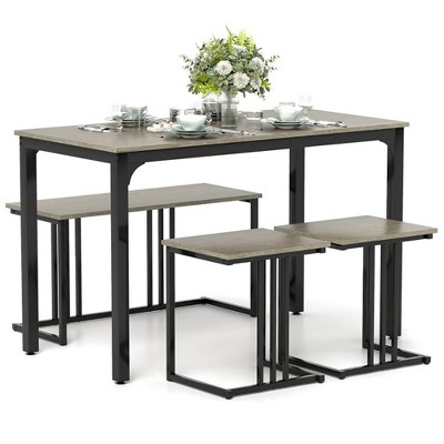 Resenkos Kitchen Table and Chairs Sets,Dining Table Set,4 Pieces Space-Saving Dining Table Set with Bench and 2 Stools-Oak Gray