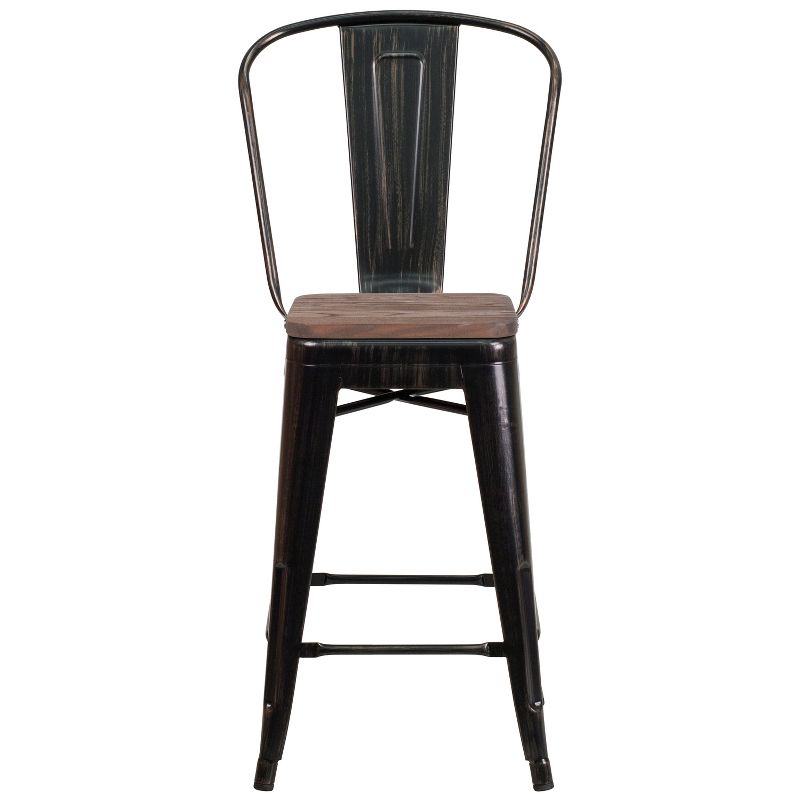 Merrick Lane Metal Dining Stool with Curved Slatted Back and Textured Wood Seat, 5 of 20