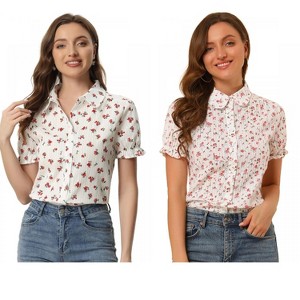 INSPIRE CHIC Women's Peter Pan Frilled Short Sleeve Floral Cotton Top 2 Packs - 1 of 4