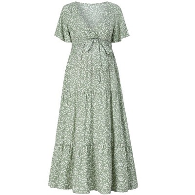 Maternity Dress Women's V-Neck Puff Sleeve Pleated Maternity Maxi Dress for Baby Shower or Casual Wear lightgreen flower  S