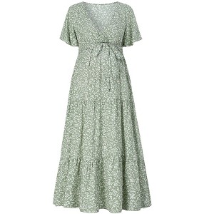 V-neck flared sleeve short sleeved long maternity dress - 1 of 1