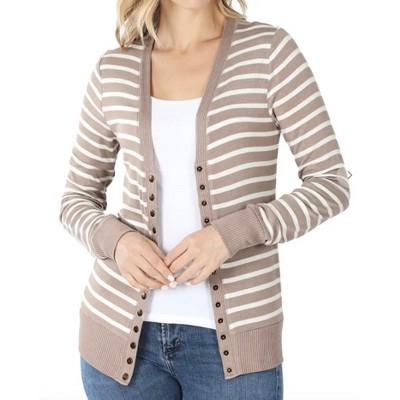 Women's Ivory Stripes Snap Button Cardigan - ZENANA