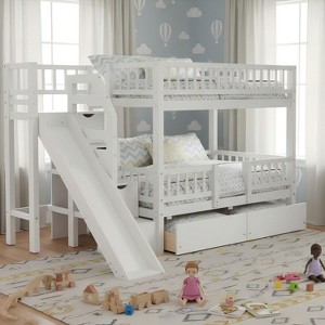 Polibi Twin Over Twin Bunk Bed with Slide, Staircase Storage & Underbed Drawers - 1 of 4