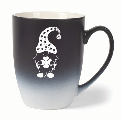 Elanze Designs Gnome With Clover Pattern On Hat Two Toned Ombre Matte 10 ounce New Bone China Coffee Tea Cup Mug, Black and White