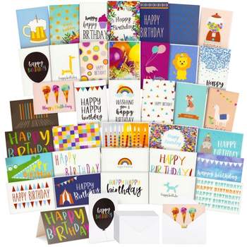 Best Paper Greetings 144 Pack Happy Birthday Cards in 36 Designs, Blank Inside with Envelopes for Businesses, Men, Women, and Kids, 4x6 In
