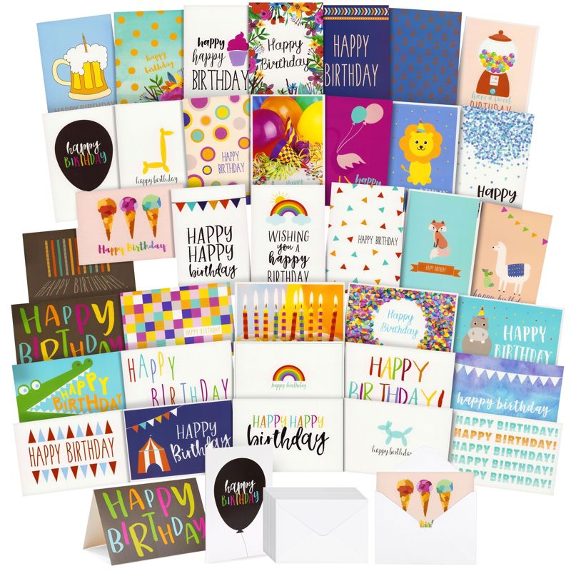 Best Paper Greetings 144 Pack Happy Birthday Cards in 36 Designs, Blank Inside with Envelopes for Businesses, Men, Women, and Kids, 4x6 In, 1 of 8