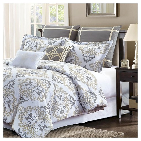 Taupe Suri Damask Print Comforter Set 7 Piece Style Quarters