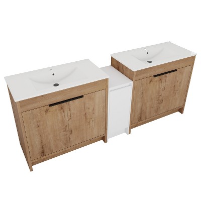Vynxaria 84 in. Double Freestanding Glossy White Imitation Oak Plywood Bath Vanity with White Ceramic Top KD-PACKING Ready to Assemble