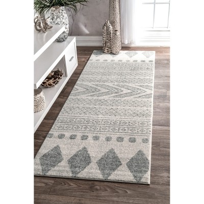 Geometric Gray Synthetic Easy-Care Runner Rug, 2' 8" x 8'
