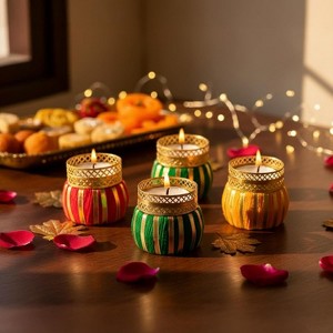Store Indya Traditional Tea Light Candle Holders – Pack of 4 Decorative Diyas | Handcrafted Home Decor for Diwali, Weddings & Puja (Assorted) - 1 of 4