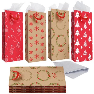 Sparkle and Bash 12 Pack Christmas Wine Bottle Gift Bags with Tissue Paper, 4.5x 15.5 Inches, 4 Holiday Designs, Ideal for Gift-Giving