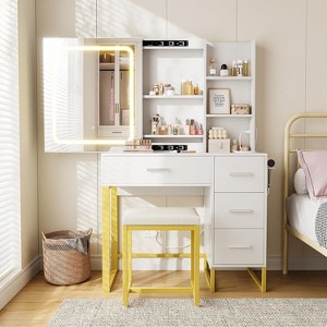 Dresser Set, 4 Drawers with Electrical Outlet, Sliding Mirror, Lighting, Stool, Open Shelf, 3 Color Light Modes, White - 1 of 4