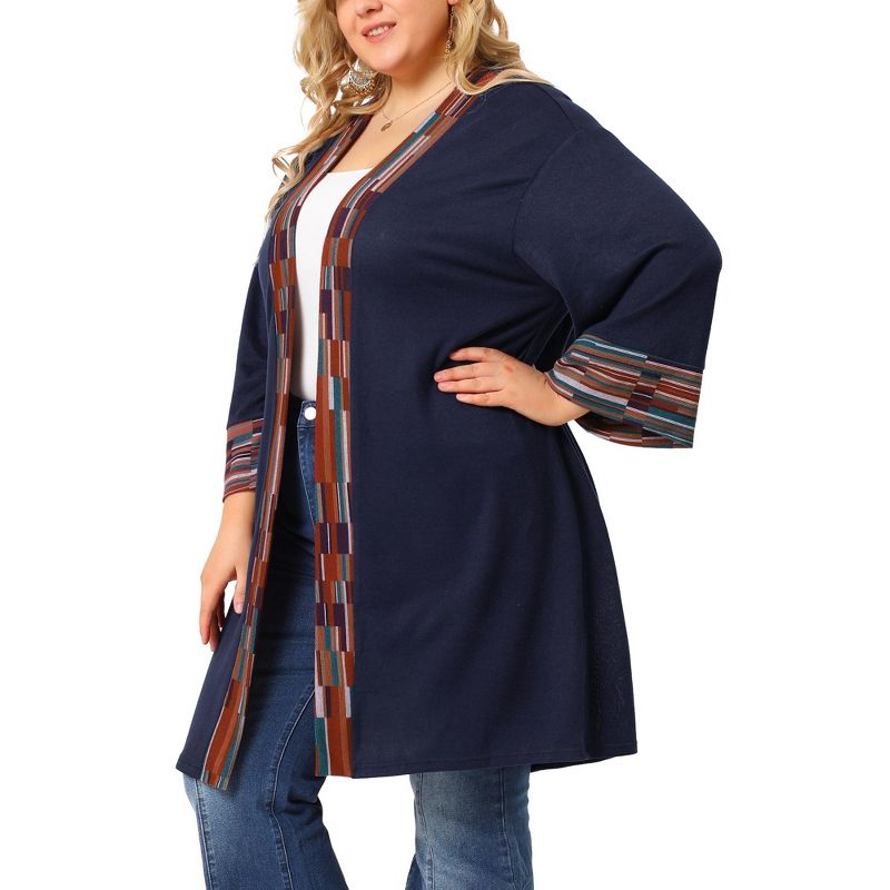 Agnes Orinda Women's Plus Size Contrast Placket Sleeves Knit Open Front Cardigans, 2 of 7