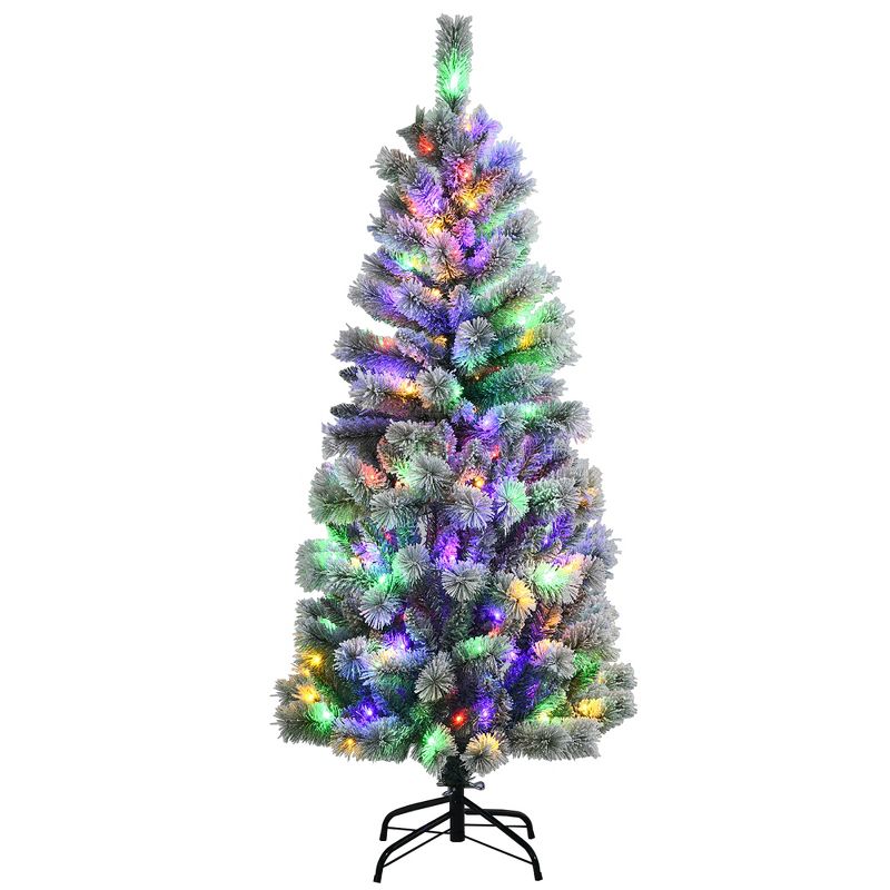 Costway 5FT Pre-Lit Hinged Christmas Tree Snow Flocked w/9 Modes Remote Control Lights, 1 of 11