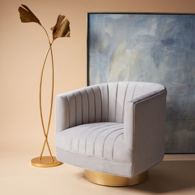 Elegant Beige Velvet Barrel Swivel Chair with Golden Base