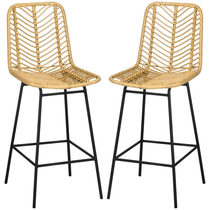 HOMCOM Modern Rattan Bar Stools Set of 2, Breathable Steel-Base Wicker Counter Height Barstools for Kitchen Counter, Yellow, 4 of 7