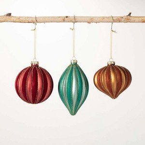 Ribbed Glass Ornament Multicolor 3.5"H Glass Set of 3 - 1 of 2