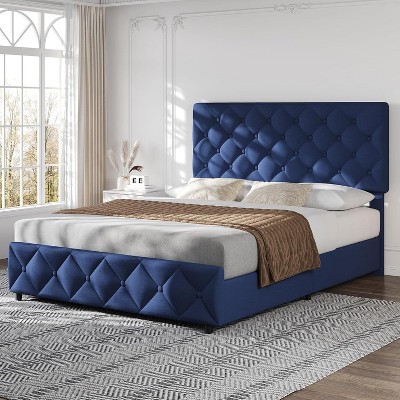 Homhougo Full Size Bed Frame with 4 Storage Drawers, Upholstered Platform Bed Frame with Adjustable Headboard, Diamond Stitched Button Tufted, Grey