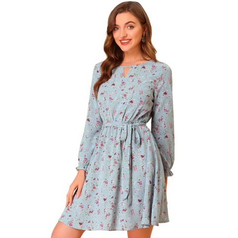 Женские платья INSPIRE CHIC Women's Round Neck Long Sleeve Elastic Tie Waist Dress Small Powder Blue