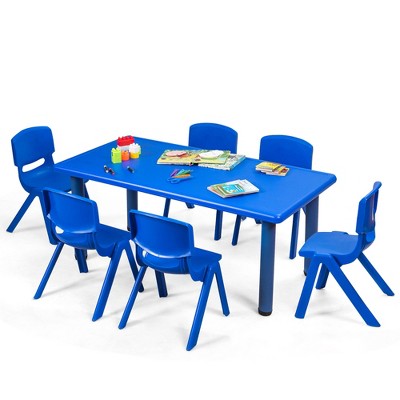 Tangkula Kids Table & 6 Chairs Set Activity Desk & Chair Set Indoor/Outdoor Home Classroom Red/Blue