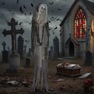 Whisen Outdoor Halloween Decorations, Skeleton Witch, Sound and Motion Activated, Light Up Eyes, Spooky Sound - Gray