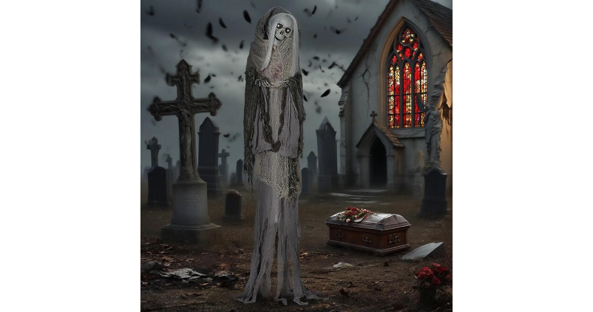 Whisen Outdoor Halloween Decorations, Skeleton Witch, Sound and Motion Activated, Light Up Eyes, Spooky Sound - Gray