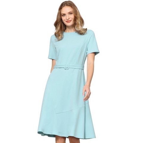 Женские платья INSPIRE CHIC Women's A Line Work Short Sleeve Crew Neck Ruffle Flare Dresses with Belted Large Light Blue