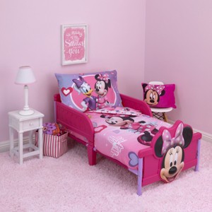 Disney Minnie Mouse Hearts and Bows 4 Piece Toddler Bed Set in Purple, Pink and Turquoise - 1 of 4