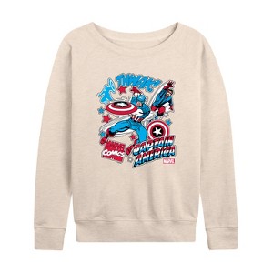 Women's - Marvel - Captain America Comic Book Stickers Lightweight French Terry Wide Neck Long Sleeve Shirt - 1 of 4