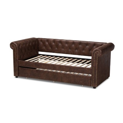 Mabelle Twin Brown Faux Leather Daybed with Trundle and Nailhead Trim