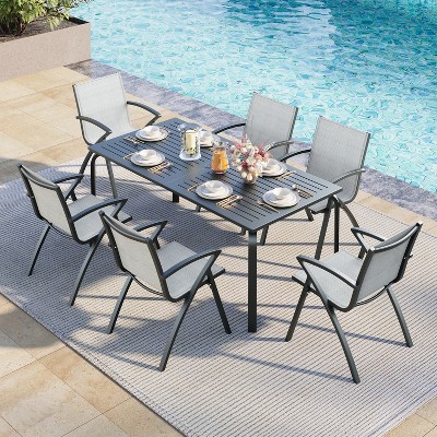 Garvee 71″ Marine‑Grade Aluminum Outdoor Dining Table Set with Umbrella Hole, 6 Aluminum Outdoor Dining Chairs with Quick-Dry Textilene Fabric