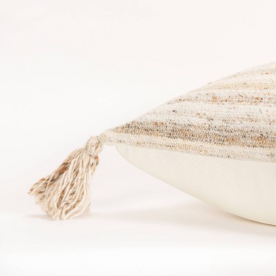 20" Beige and White Striped Tassel Throw Pillow
