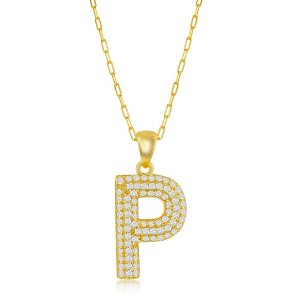 Bella Silver Sterling Silver Micro Pave CZ Block Initial w/Paperclip Chain Gold Plated 18" Pendant Necklace - 1 of 2