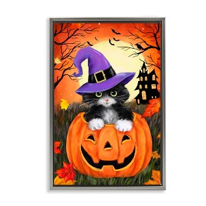 Stupell Industries Cat Peeking from Jack-o-Lantern Floating Frame Canvas Art, Gray, 21" x 31" - 1 of 4