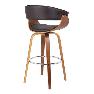 Mid-Century Modern 24" Swivel Barstool in Walnut and Brown Leather