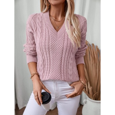 WhizMax Women V Neck Long Sleeve Pullovers Cable Knit Sweater Fall Winter Relaxed Clothing Trendy Casual Retro Soft Warm Tops