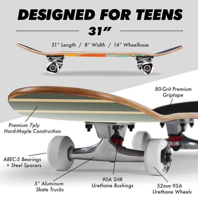Magneto Skateboard | Maple Wood | ABEC 5 Bearings | Double Kick Concave Deck | For Beginners, Teens & Adults (Retro Sun), 4 of 9