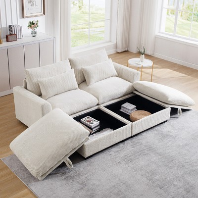 MYINDA  Sectional Sofa Comfy Corduroy Couch for Living Room, Deep Couches with 2 Storage Ottomans, Beige