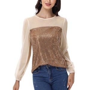 Anna-Kaci Women's Sheer Mesh Long Sleeve Top with Sequin Front Panel and Crew Neckline - 1 of 4