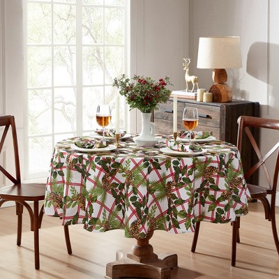 Festive Pinecone Plaid Red and Green 70" Round Fabric Tablecloth