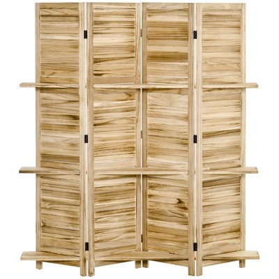 Natural Light Wood 4-Panel Folding Room Divider with Shelves