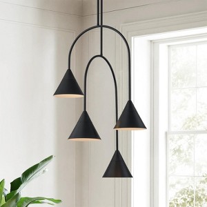 LamQee Matte Black Industrial Pendant Light Fixture, 4 Lights Large Cluster Pendant Lighting with Cone Metal Shade - 1 of 4