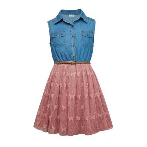 Beautees Sleeveless Denim And Lace Dress With Belt : Target