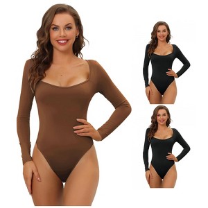 Allegra K Women's Long Sleeve Slim Fit Stretchy Square Neck Leotard Jumpsuit 3 Packs - 1 of 4