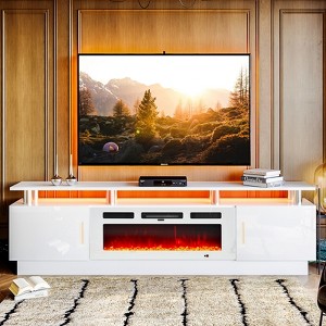 AOXUN 80" Modern Electric Fireplace TV Stand for TVs Up to 90 inch, with Electronic Flame and LED Lights, TV Console Cabinet for Living Room, White - 1 of 4