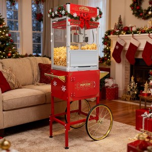 LOVSON popcorn cart equipped with a 20 oz stainless steel pot, heating lamp and accessories, suitable for parties and commercial venues（black/red） - 1 of 4