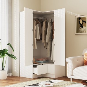 Famapy Modern Corner Armoire with Two Hanging Rods & Drawers,Sturdy Build – Space-Saving Storage Solution for Bedroom Corner & Beyond - 1 of 4