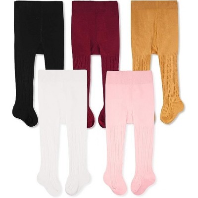 Cozyway Cable Knit Cotton Leggings/Tights for Toddler Girls, 5 Pack, White/Black/Pink/Mustard/Burgundy, 1-2 Years Old